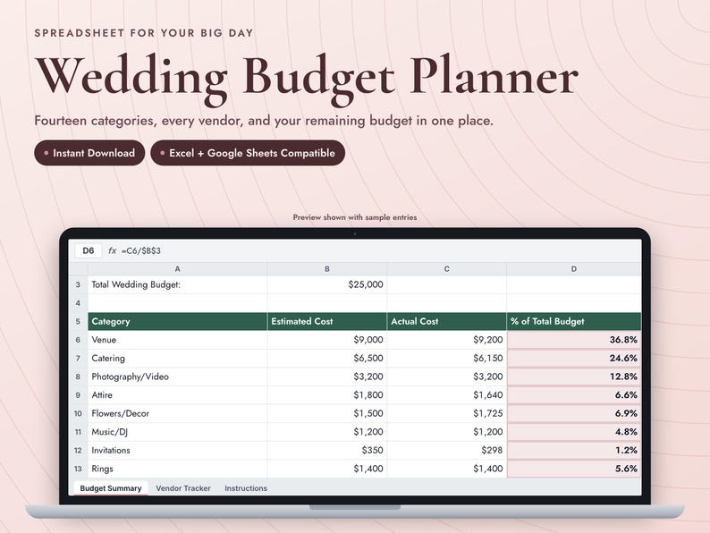 May include: A digital wedding budget planner spreadsheet displayed on a laptop screen. The interface features columns for category, estimated cost, actual cost, and percentage of total budget, with rows listing expenses like venue, catering, and photography.