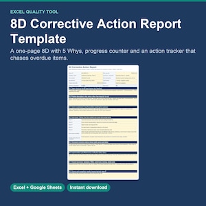 May include: An Excel quality tool 8D Corrective Action Report template featuring a one-page layout with 5 Whys, a progress counter, and an action tracker for overdue items. The document includes sections for team, problem description, and root cause analysis.