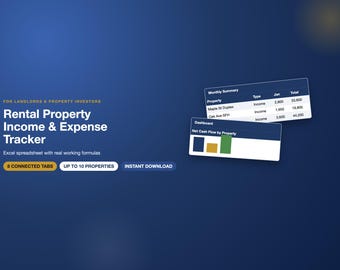 May include: A digital rental property income and expense tracker spreadsheet with a blue background. Text includes: FOR LANDLORDS & PROPERTY INVESTORS, Rental Property Income & Expense Tracker, Excel spreadsheet with real working formulas, 8 CONNECTED TABS, UP TO 10 PROPERTIES, INSTANT DOWNLOAD, Monthly Summary, and Dashboard.