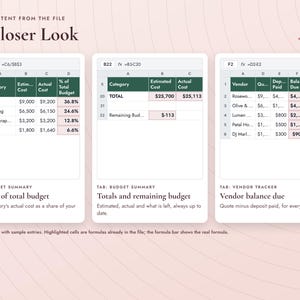 May include: A digital spreadsheet template titled A Closer Look featuring three sections: Percent of total budget, Totals and remaining budget, and Vendor balance due. The tables display categories, estimated costs, actual costs, and vendor status.