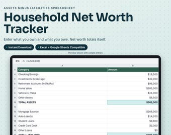 May include: A digital spreadsheet titled Household Net Worth Tracker, displaying columns for Category and Amount. It lists assets like checking, investments, and home value, alongside liabilities such as mortgage and loans, with a calculated total.