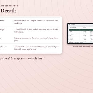 May include: A digital wedding budget planner template for Microsoft Excel and Google Sheets. The document includes a budget summary, vendor tracker, and instructions. A tablet displays a spreadsheet preview with sample entries and cost data.