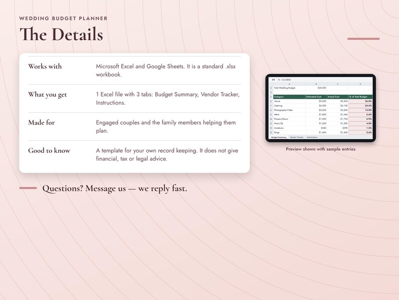 May include: A digital wedding budget planner template for Microsoft Excel and Google Sheets. The document includes a budget summary, vendor tracker, and instructions. A tablet displays a spreadsheet preview with sample entries and cost data.