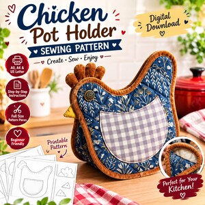 Peut inclure: Un patron de couture pour manique en forme de poule, réalisé dans un tissu bleu à motifs floraux blancs, avec une poche à carreaux violet clair et une bordure marron. L'image contient le texte Chicken Pot Holder Sewing Pattern et Digital Download.