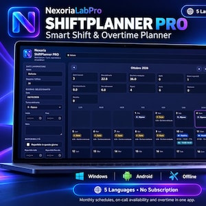 Może przedstawiać: Laptop i smartfon z interfejsem oprogramowania NexoriaLabPro ShiftPlanner PRO. Ciemny pulpit nawigacyjny zawiera kalendarz miesięczny, narzędzia do planowania zmian oraz wskaźniki śledzenia nadgodzin z niebieskimi i fioletowymi akcentami.