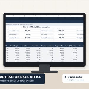 Puede incluir: Un monitor de computadora muestra una hoja de cálculo titulada Pine Street Medical Office Renovation con columnas de datos financieros. Debajo, una etiqueta dice CONTRACTOR BACK OFFICE Complete Excel Control System y 5 workbooks + 5 completed examples.