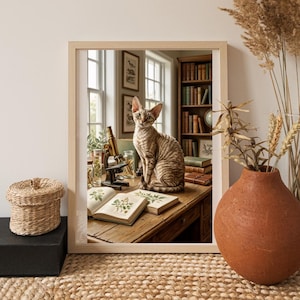 Devon Rex Cat Dark Academia Oil Painting Print, Naturalist Study Wall Art, Digital Download
