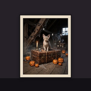 May include: A framed wall art print featuring a tabby cat sitting on a vintage brown leather suitcase in a dimly lit attic. The scene includes glowing jack-o'-lanterns, a lit candle in a brass holder, a small skull, and cobwebs on wooden beams.