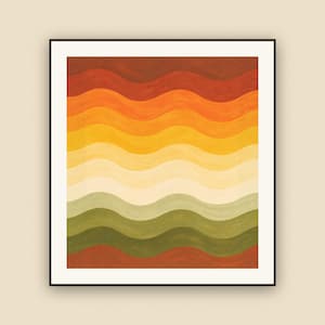 Peut inclure: Une impression d'art murale carrée encadrée présentant des lignes ondulées horizontales dans un dégradé de couleurs incluant rouge foncé, orange, jaune, crème, vert clair, vert olive et rouge foncé, le tout dans un cadre noir fin.