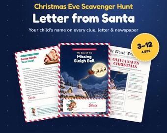 Personalized Christmas Eve Scavenger Hunt, Letter from Santa, Kids Christmas Treasure Hunt Clues, Printable Santa Letter, Ages 3-12