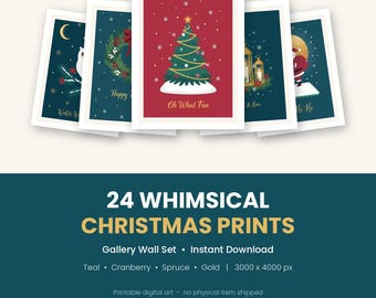Set van 24 printbare kerstmuurdecoraties, speelse kerstgalerij-muurprints, turquoise, rood en goudkleurige feestdecoratie, direct te downloaden.
