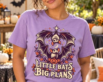 Cute Bat Halloween Shirt, Little Bats Big Plans Lilac Halloween T-Shirt, Violet Party Gift