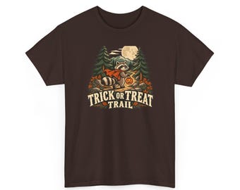 Raccoon Halloween Shirt, Trick or Treat Trail Camping T-Shirt, Woodland Adventure Gift