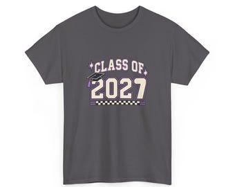 T-shirt voor de lichting van 2027, afstudeershirt voor de eindexamenklas, afstudeercadeau voor hem of haar, T-shirt met dambordprint voor afgestudeerden