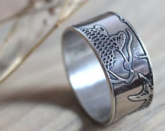 Sterling silver Japanese fish ring - koi ring - carp - men ring - Japan - Asian jewelry - mens wedding band - animal - etched ring - KOI
