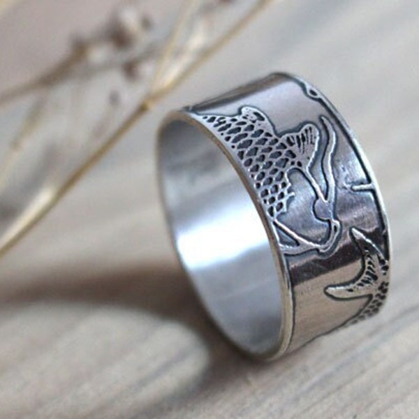 Anillo de pez de plata japonés - anillo de carpa koi - anillo de hombre - alianza de boda - Japón - joyería asiática - Asia - animal - KOI