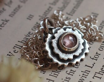 silver flower necklace - PRIMROSE NYMPH'S THIGH -  petal flower pendant with pink stone- mother gift- romantic necklace- language flower