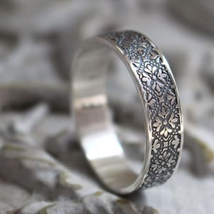 sterling silver medieval ring - flower - botanical - wedding ring - baroque - engraved band - knight - floral -  6mm band - botanical -ESME