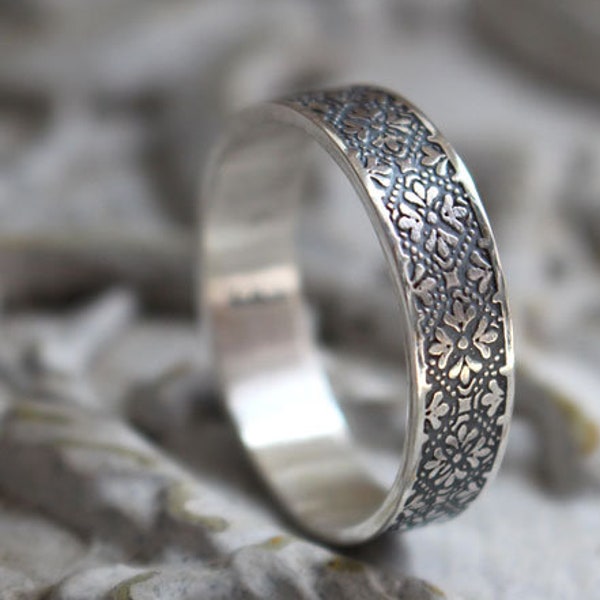 sterling silver medieval ring - flower - botanical - wedding ring - baroque - engraved band - knight - floral -  6mm band - botanical -ESME
