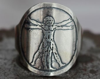 Vitruvian man silver ring - sterling silver Leonardo da Vinci ring - silhouette - men signet ring - renaissance ring - art - VITRUVIUS