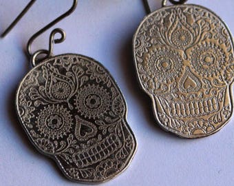 Srebrne kolczyki z czaszką - kolczyki z czaszką - Meksyk - Meksykańskie - Kwiat - Dzień Zmarłych - Calavera - CATRINA