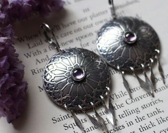 medieval earrings - gothic earrings - silver purple zircon earrings - middle age - shield - architecture - stained glass - WINDOW