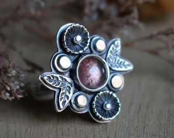 flower ring - silver pink tourmaline ring - big cocktail ring - boho chic - leaf - leaves - countryside - botanical - nature - TEA ROSE