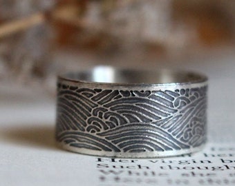 sterling silver wave ring - ocean ring - sea wedding - japanese waves - nautical ring - Miyazaki - ponyo - engraved - nautical gift, THE SEA