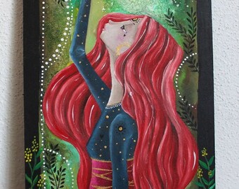 red hair woman picking flowers original painting on wood  - these GIFTS YOU  HAVE- fantasy woman portrait in a garden - green landscape art