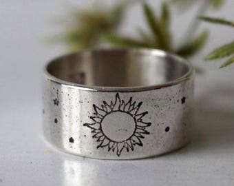 Sterling silver sun ring - sunshine ring - astronomy - greek - antique - vintage - mens wedding band - engagement ring- etched ring - APOLLO