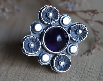 amethyst ring - silver flower ring - nature - botanical - language of flower - countryside - in the SHADE of the BLOSSOMING PLUM tree