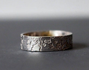 sterling silver cherry blossom ring - flower ring - 6mm band japanese mens ring - wedding - spring - zen - tree - botanical - nature - MISAO