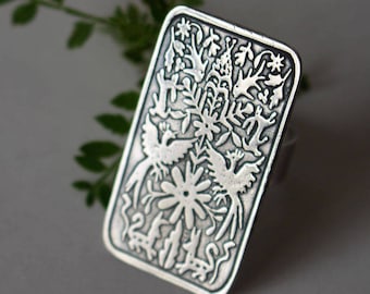 Sterling silver otomi ring - Mexican Folk Art - ethnic - bird ring - rectangle ring - flora - fauna- mexico - tribal - leaf - etched - OTOMI