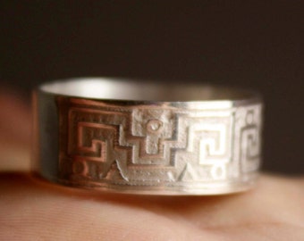 Sterling silver mexican ring - zapotec - precolumbian jewelry - 8mm band - meander ring - archeological - geometrical - SERPIENTE DE AGUA