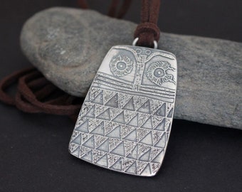 owl necklace - silver neolithic pendant - archeological reproduction - celtic jewelry - animal - totem - primitif - NEOLITHIC OWL