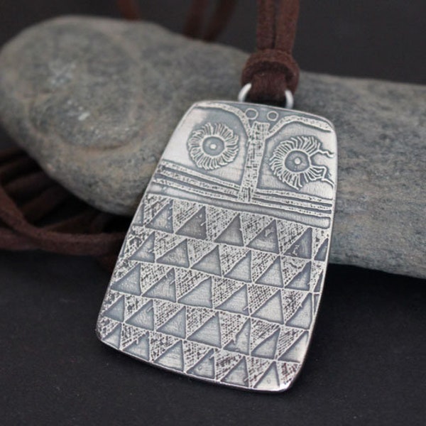 collier hibou argent - pendentif néolithique - reproduction archéologique - celte - celtique - animal - totem - primitif - HIBOU NÉOLITHIQUE