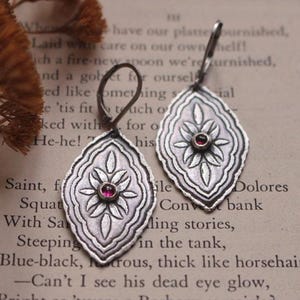 Può includere: Un paio di orecchini d'argento con una pietra preziosa rosa al centro di ogni orecchino. Gli orecchini hanno la forma di un diamante e un design floreale.