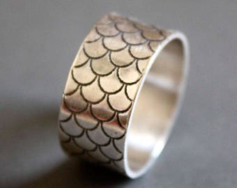 Sterling silver fish scale ring - mermaid ring - etched ring - sea - nautical - fish - wide band - geometric ring - the SONG of the MERMAID