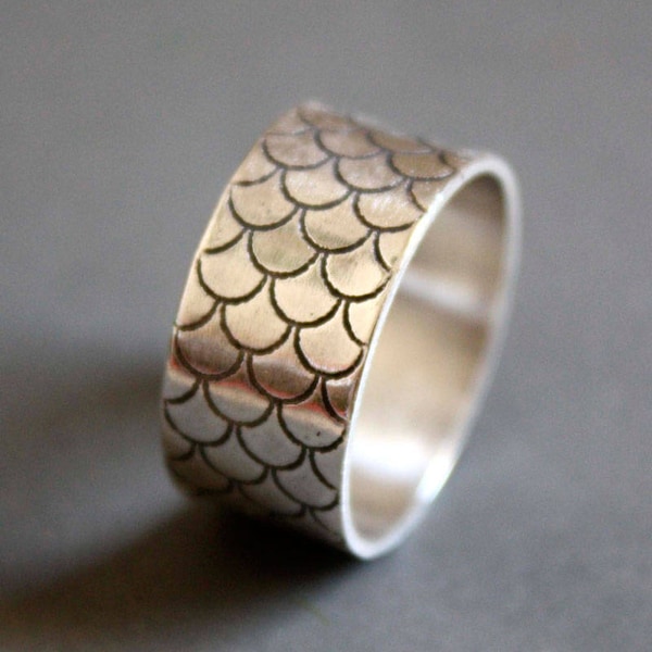 Sterling silver fish scale ring - mermaid ring - etched ring - sea - nautical - fish - wide band - geometric ring - the SONG of the MERMAID