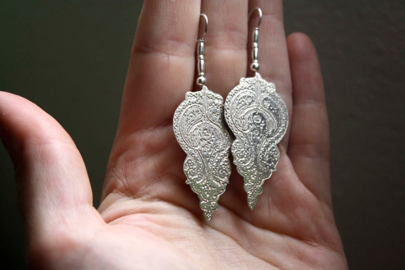sterling silver oriental earrings Indian earrings paisley earrings etched earrings iranian persian flower earrings ORISSA image 1