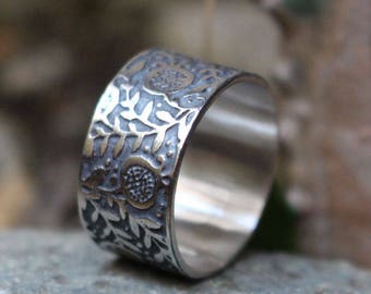 sterling silver pomegranate ring - flower - fruit - love - etched -engraved ring - passion - wedding - medieval - botanical - POMEGRANATE