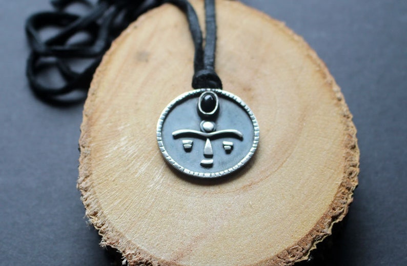 GAIA sterling silver onyx necklace African necklace face- ethnic goddess tribal mother earth primitive African mask necklace