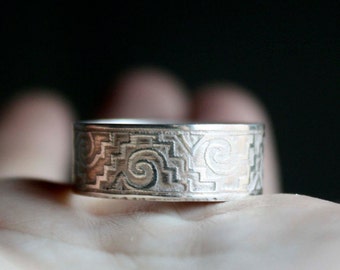 Sterling silver mexican ring - zapotec - precolumbian jewelry - meander ring- geometric ring - archeological replica ring - TESORO ZAPOTECO