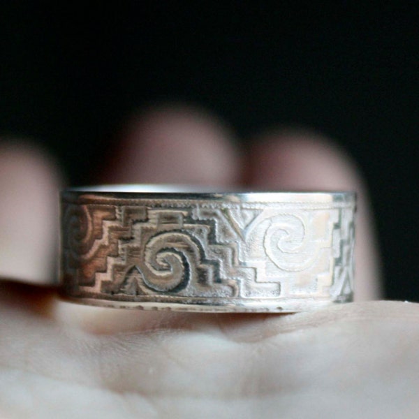 anillo mexicano de plata - anillo prehispanico - zapoteco - anillo geometrico - 8 mm - anillo precolombino - replica - TESORO ZAPOTECO