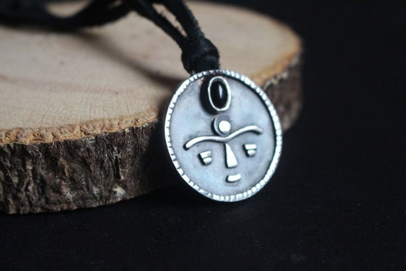 GAIA sterling silver onyx necklace African necklace face- ethnic goddess tribal mother earth primitive African mask necklace