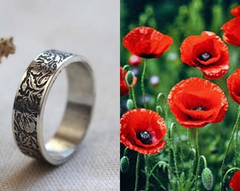 poppy silver ring - POPPY - papaver ring- birth flower ring - countryside wedding ring- engagement floral ring-