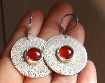 carnelian silver earrings - egyptian jewelry - Egypt - geometric earrings - sun - symbol - red - goddess - history - light - SOLAR DISC