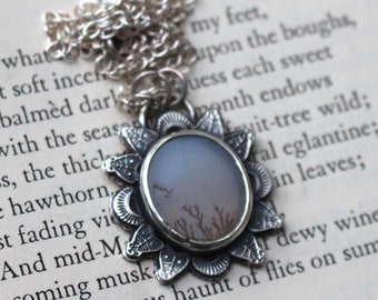 sun necklace - silver dendritic agate pendant - winter - landscape - nature - victorian - gothic - tree - ancient jewelry - WINTER SUN