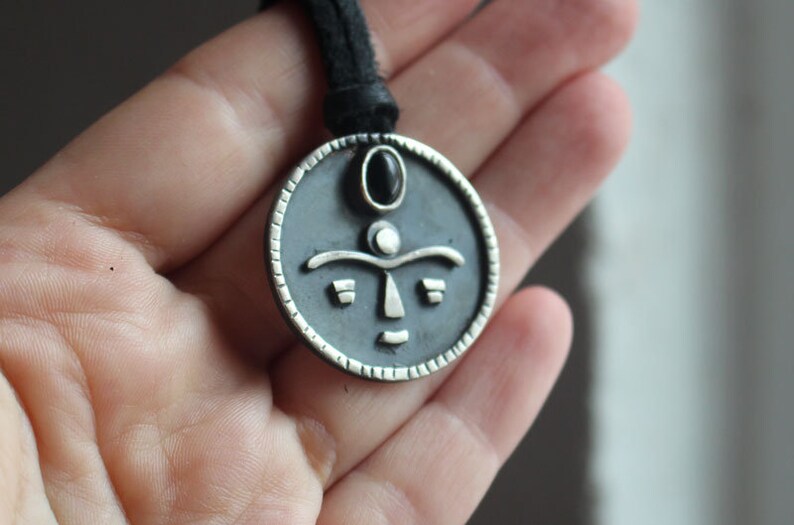 GAIA sterling silver onyx necklace African necklace face- ethnic goddess tribal mother earth primitive African mask necklace