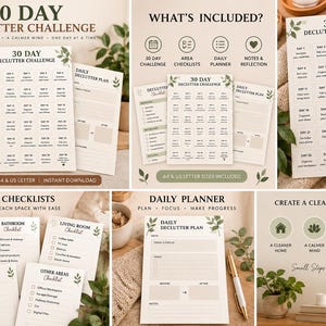 Op de afbeelding: Een printbare set voor een 30-daagse opruimuitdaging met dagelijkse checklists, checklists per ruimte en een dagplanner. De documenten bevatten koppen zoals 30 Day Declutter Challenge en Daily Declutter Plan, versierd met groene bladeren op een lichte achtergrond.